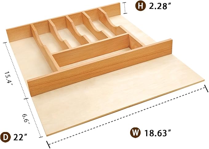 Silverware Drawer Organizer - Trim-to-Fit with Adjustable Dividers for Kitchen Utensil Storage, Beech Wood Frame with 11 Sizes (18.63" W x 22" D)