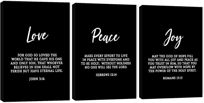 3 Piece Inspirational Wall Art, Black Sayings Prints Picture, Quotes "Love Peace Joy" Motivational Canvas Art for Religious Decor Gifts, Stretched And Framed Artwork for Home Wall Decor (36"Wx24" H)