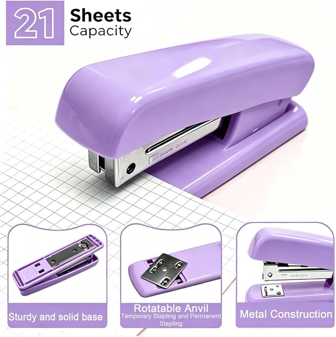 Office Supplies Set Rotating Pen Holder for Desk with Stapler Staple Remover Tape Dispenser 2pcs Tape Refills Binder Paper Clips Kit Scissor Pen Ruler & Sticky Tabs Pink Office School Supplies(Purple)