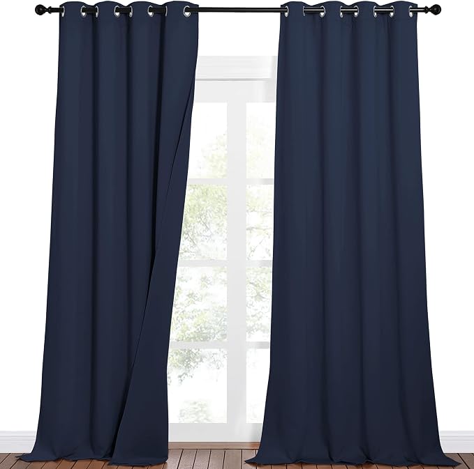 NICETOWN Sound Reduction Long Curtains for Sliding Glass Door, 3 Layers Thermal Insulated Full Blackout Drapes for Kids/Boys/Nursery/Home Recording Studio (Navy, 52" Wide x 90" Long, Set of 2)