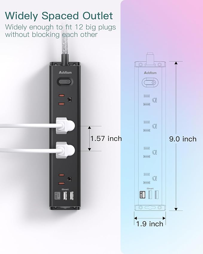 Surge Protector Power Strip - 20 FT Extension Cord, Power Strip with 12 Widely AC Outlet 3 USB, Flat Plug Wall Mount Overload Protection, 1050J, Desk Charging Station for Home Office, ETL Listed,Black