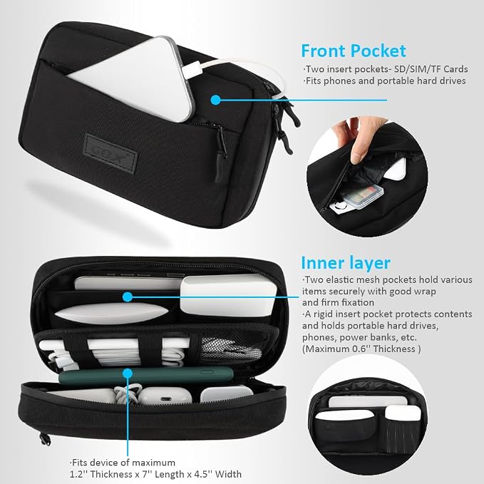 GOX Cable Organizer Travel Bag, Water Resistant Electronic Accessories Case, All-in-One Tech Storage Pouch for Chargers, Cords, Batteries,Phone, Hard Drive & Power Bank, Black