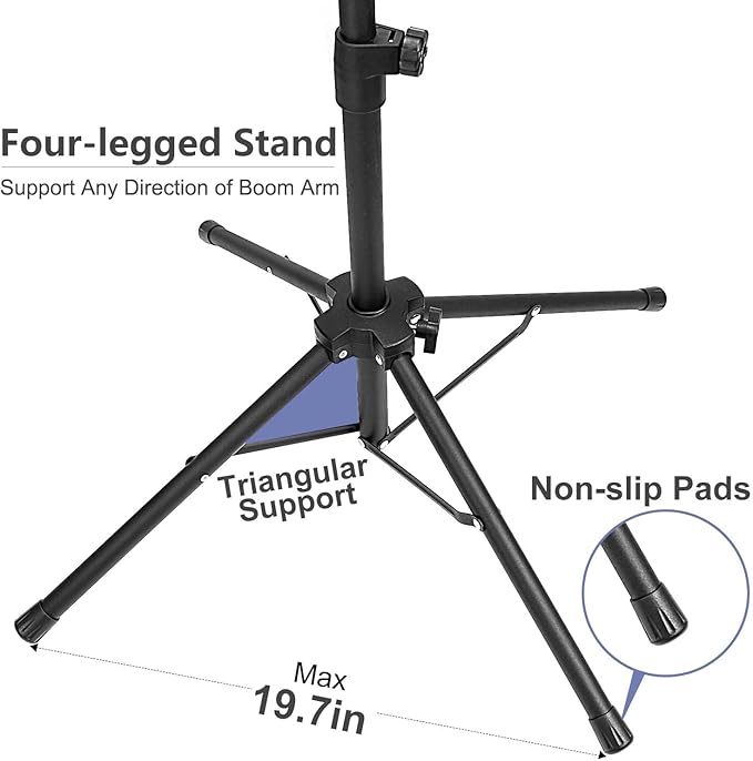 Mic Stand, Microphone Stand Floor Boom Mic Stand with Tablet Phone Holder Height Adjustable Four-legged Stand Gooseneck Boom Arm with 2 Mic Clips for Singing Stage Performance Party