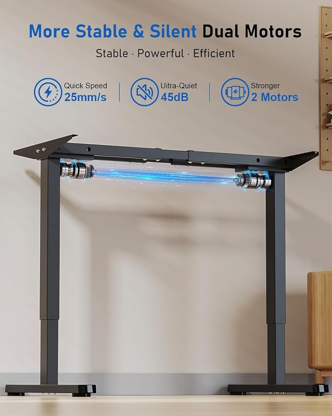 264 lbs Capacity Dual Motor Electric Height Adjustable Standing Desk Frame | Sit Stand up Desk Legs Base for 39.4” to 74.8” Desktop, Anti-Collision Function, Cable Tray, 2 Hooks, Black Frame Only