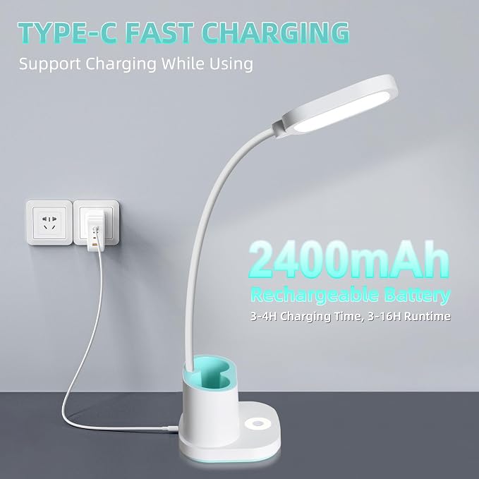 LED Desk Lamp for Home Office Bedroom, Dimmable Reading Light | Touch Dimmable Small Table Lights with USB Charging Port, Eye-Caring, Flexible Gooseneck, Room College Dorm Essentials