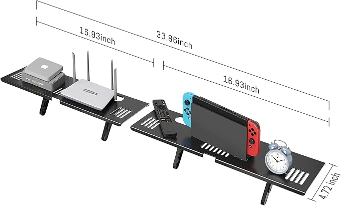 Adjustable Steel TV Top Shelf, Floating TV Stand, Universal Monitor Shelf for Soundbar, Game Console, Cable Box, Router Shelves (33.86X4.72inch)