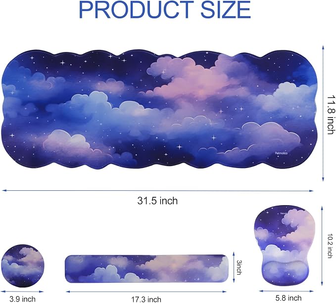 Petmolico Desk Pad Set with Wrist Rest for Keyboard & Mouse, Cloud Sky | Anti-slip PU base, durable Lycra & memory foam, relieves wrist fatigue, perfect for work, home & daily use