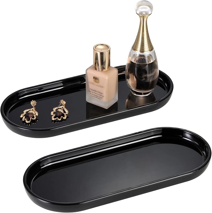 SheeChung Acrylic Vanity Tray, Bathroom Makeup Organizer Countertop, Black | 9.65" x 4.5", Perfume Jewelry Candle Dispenser Catchall Tray, Sturdy Holder for Cabinet Shelf Closet Drawer Organizer, 2 Pack