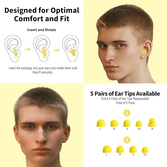 Ear Plugs for Sleeping Ultra-Comfy Silicone Earplugs for Concerts Noise Cancelling Reusable Noise Reduction Earbuds for Travel Focus Work 33-45dB Hearing Protection with 9 Tips & Case (Yellow)