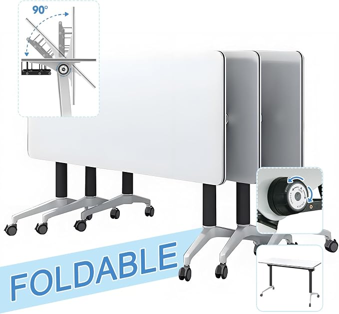 Folding Conference Table with Flip-Top & Locking Wheels, Training Table with Metal Frame – Modular, Space-Saving Design for Office, Meeting, and Classroom Use