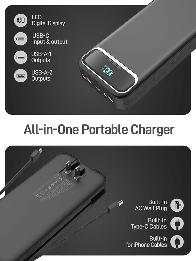 Nusyddy Portable Charger 20000mAh 22.5W w/Built-in Cables & Wall Plug Black | 22.5W Fast Charging, High Capacity, LED Display, Charge 5 Devices at once, TSA Approved, Compatible with iPhone/iPad/Samsung
