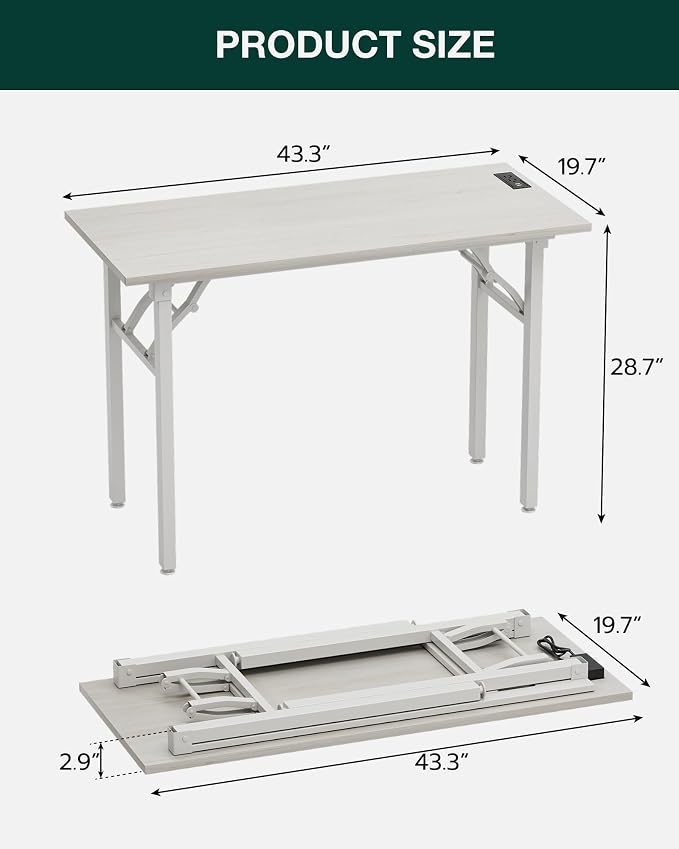 Frylr Small Folding Computer Desk – 43.3 Inch Portable Table for Craft and Study, Lightweight Desk for Small Spaces, Foldable Laptop Table Built-in AC/USB Outlets for Convenience, White Ash