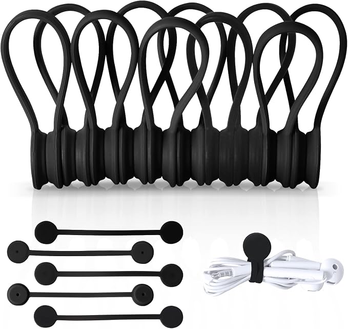 Kanemc Magnetic Ties for Cord,Silicone Magnetic Cable Ties(10-Pack, Black) | Reusable Magnetic Cable Organizer,Silicone Magnetic Cord Ties with Strong Magnet for Cable Bundling ,Bookmarks,Fridge Magnets