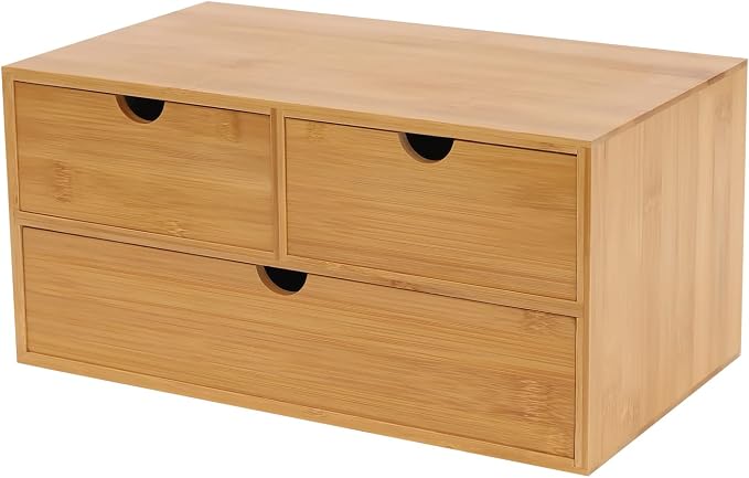 Desk Organizer, 12*7.48*7.87inch Bamboo Desk Organizer Tabletop Storage Organization Box Mini Tabletop Storage Box Countertop Drawers with Baffles for Cosmetics Collections (12.99*7.48*6.3inch)