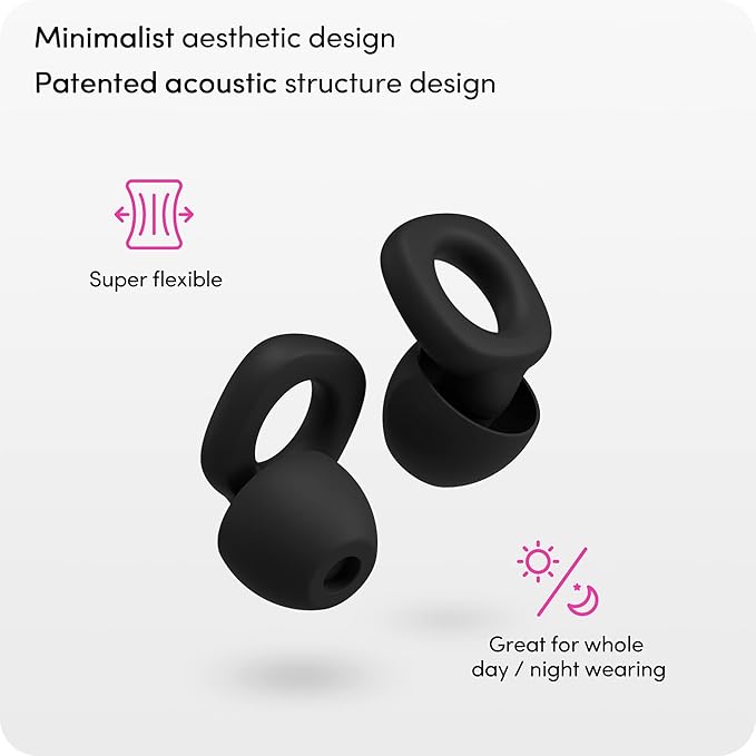 Audree Soft Ear Plugs for Noise Reduction, Reusable Flexible Earplugs for Sleep, Travelling, Focus, Study & Noise Sensitivity, 28dB Noise Cancelling, 8 Silicone Ear Tips in XS/S/M/L, Black