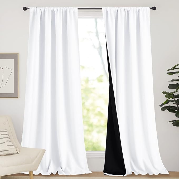 NICETOWN Sturdy Full Shading Curtains for Windows, Super Heavy-Duty Black Lined Blackout Curtains for Bedroom, Privacy Assured Window Treatment (White, Pack of 2, 52-inch W x 95-inch L)