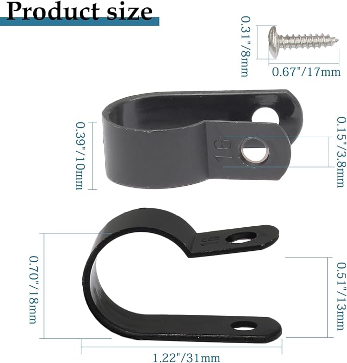 50 Pcs 5/8 Inch Black Nylon Cable Clip Wire Clamp | R-type, 16mm, Stainless Steel Screws Included, Screw Mounting, Wire Management