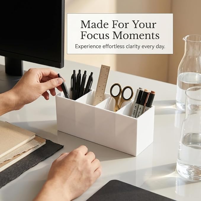 4 Compartment White Acrylic Pen Holder for Desk, Large Desktop Organizer & Pencil Cup, Makeup Brush Holder for Countertop, Multi-functional Pen Pencil Brushes Holders Caddy (Opaque White)