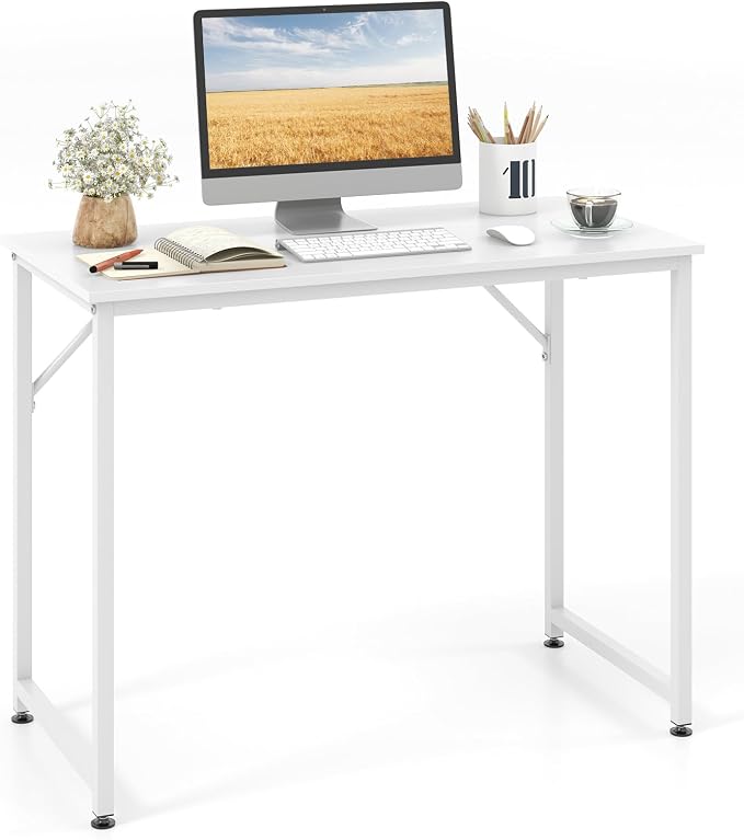 Tangkula Computer Laptop Desk, Heavy Duty Metal Frame Writing Desk, Home PC Office Desk with Adjustable Foot Pads, Conference Tables for Combined Use, Compact Task Desk for Bedroom, Study (White)