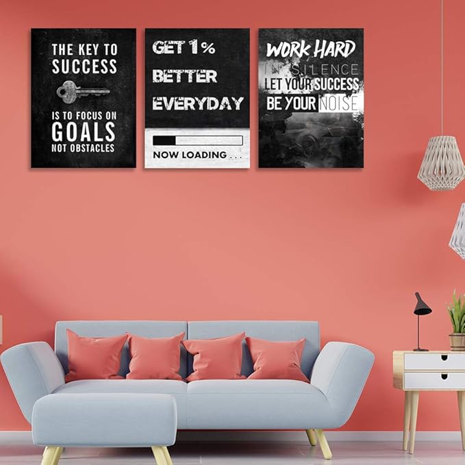 Motivational Success Poster Print Wall Art Inspirational Entrepreneur Goals Quotes Wall Decor Work Hard Picture Painting Decoration Artwork for Office Bedroom Living Room 16inch x24inch x3pieces