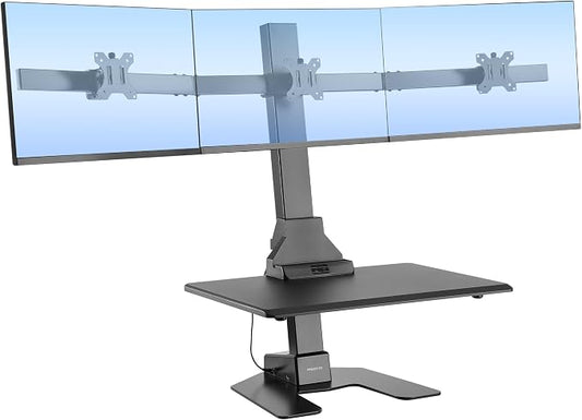 Mount-It! Triple Monitor Electric Standing Desk Converter - 3 Screens Stand Up Desk Riser - Height Adjustable Desktop & 3 Mounts for Screens up to 32", Sit-Stand Convertor for Home, Office, School