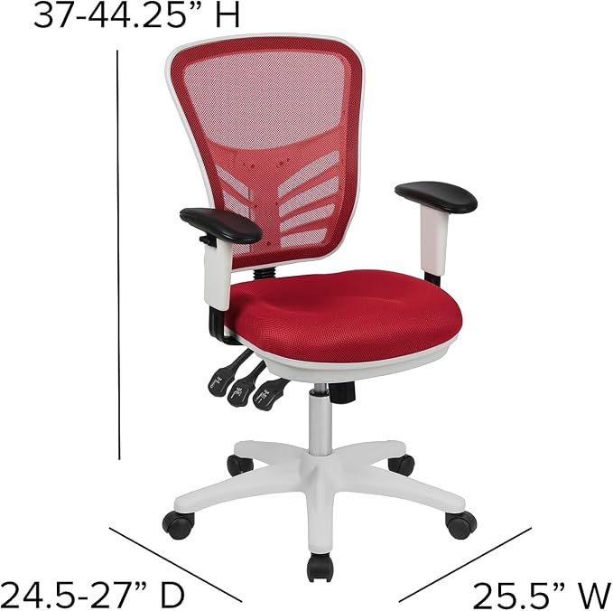 Flash Furniture Nicholas Mid-Back Red Mesh Multifunction Executive Swivel Ergonomic Office Chair with Adjustable Arms and White Frame