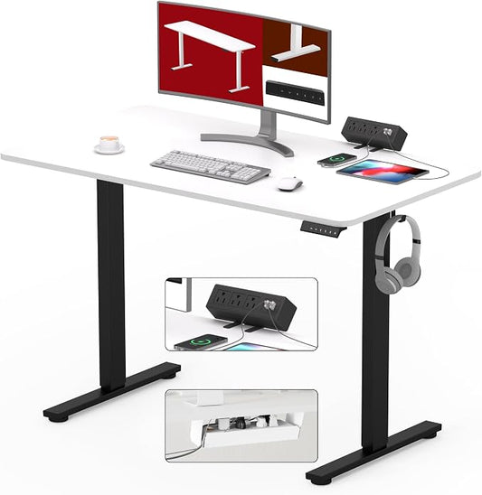 SANODESK Electric Standing Desk with Desk Clamp Power Strip 40"x 24" Whole-Piece Desktop Height Adjustable Stand Up Desk with Cable Management Sit Stand Home Office Desk Black Frame/White Top