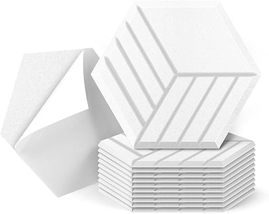 Art3dwallpanels Self Adhesive 12 Pack Acoustic Panels, 14" X 12" X 0.4" Soundproof Wall Panels, High Density Sound Absorbing Panels Hexagon Beveled Edge Sound Dampening Panels, Studio Treatment Tiles