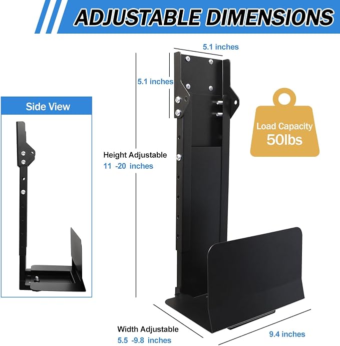TooCust Heavy Duty Under Desk PC Mount & Full Tower PC Wall Mount - Adjustable Width 5.5" to 9.8", Height 11"-21" - Computer Tower Stand Under Desk & Standing Desk PC Mount, Black