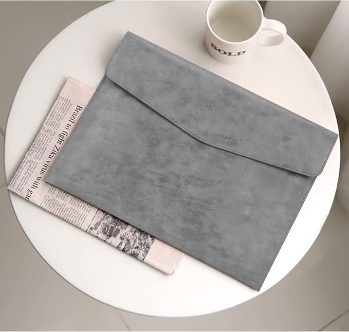 FYY File Folder, PU Leather A4 Document Holder File Organizer Filing Envelope Portfolio Case Tablet Sleeve with Magnetic Snap Closure for Home School Office Stationery Grey
