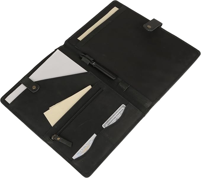 KomalC Leather Portfolio Folder with Button Closure | Business Padfolio for Professionals | Vintage Organizer with Legal Pad Holder, Card Slots & Document Pockets (Black)