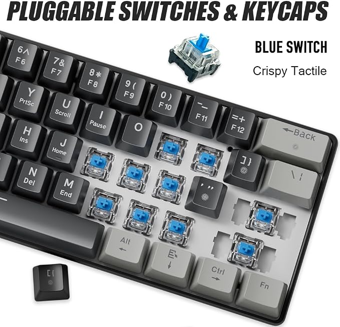 abucow 60% Mechanical Gaming Keyboard Blue Switch Wired Compact Keyboard Anti-Ghosting No-Conflict 61 Swappable keycaps Ergonomic Design for Windows/Mac (Gray-Black)