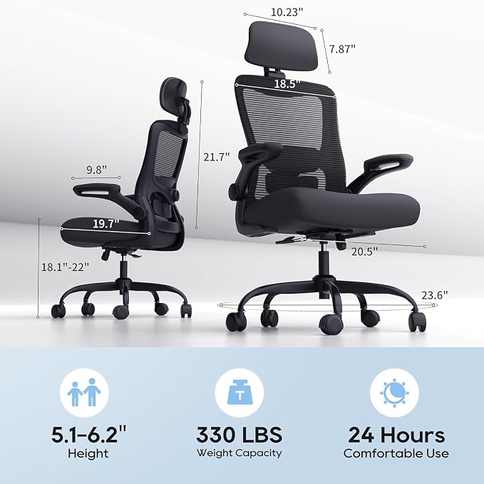 Ergonomic Office Chair for Long Hours, Adjustable Padded Lumbar Support for Lower Back Relief, 330 lb Capacity, Comfortable Computer Desk Chair for Home Office, Work & Study
