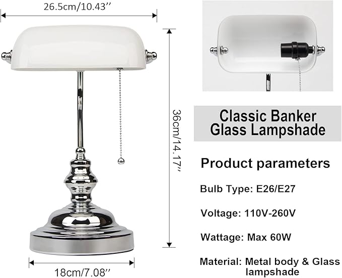 FIRVRE Bankers Lamp White Shade, Bankers Desk Lamp Library Lamp with Pull Chain, Vintage Desk Lamp for Office, Study Room