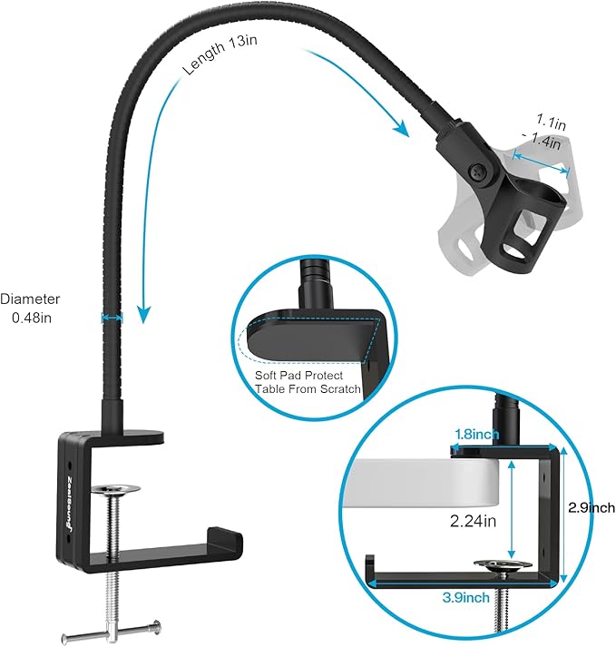 ZealSound Microphone Stand Gooseneck 13”, Flexible Clamp-On Desktop Mic Stand with 360° Adjustable Arm, 3/8" to 5/8" Adapter, Heavy-Duty Desk Mount, for Podcasting, Streaming, Podium & Public Speaking