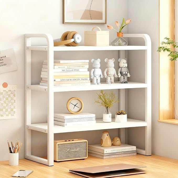 Office Desk Shelf Organizer, Wood Desktop Bookshelf Supplies Storage Rack, Shelf for Top of Desk and Dresser and Cubicle Decor Aesthetic Bookshelf (White White, three Tier(19.69 Lx7.87 Wx22.05 H)
