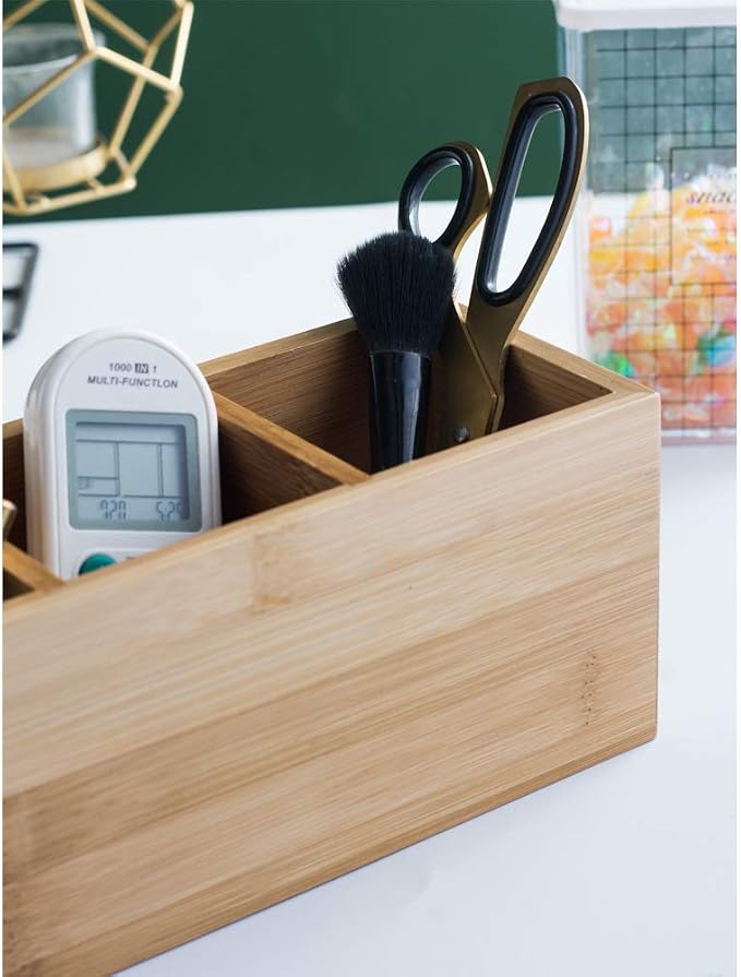 Bamboo Wood Pens Pencils Holder Cup for Desk Remote Control Holder, Caddy,Organizer,Desktop Storage with 3 Compartments,Makeup Brush Holder,Silverware Caddy for Party,Office Supplies (3 Grid)