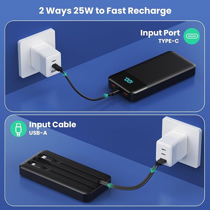 Portable Charger Power Bank 50800mAh with 3 Built-in Cables,25W PD Fast Phone Charging Portable Battery Pack,5 Outputs Travel Essentials Outdoor External Battery for iPhone 17/16/15,Galaxy Android etc