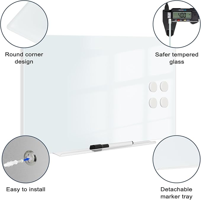 Magnetic Glass Whiteboard, 16" x 12", Frameless Wall Mount, Normal White | Glass Dry Erase Board for Wall, Includes 1 Marker Tray and 4 Magnets, White Board for Office, Home, Classroom