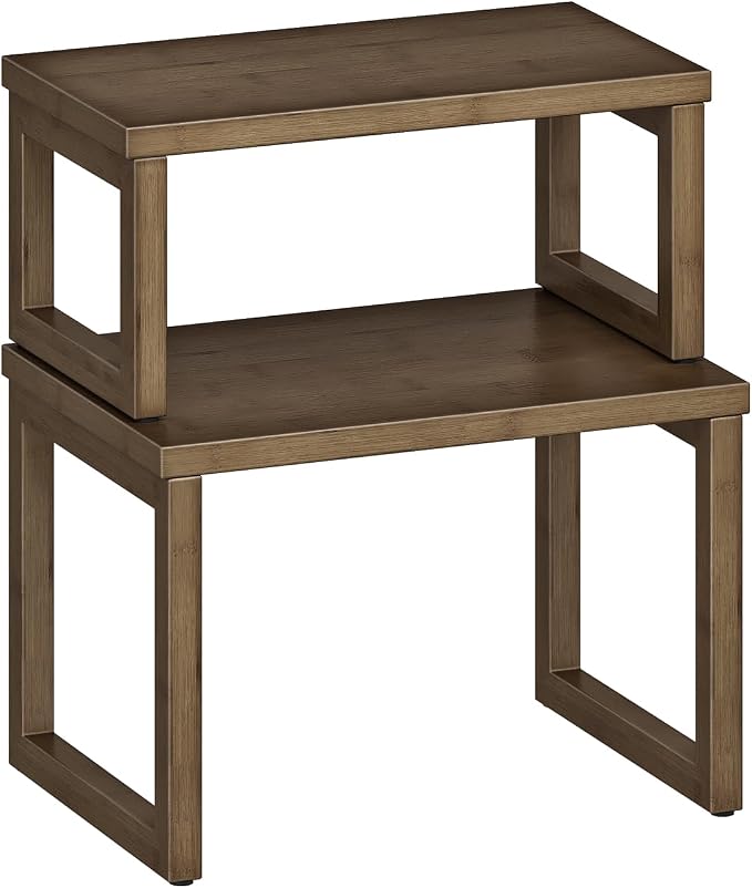 HOOBRO Cabinet Organizer Shelf, Set of 2 Kitchen Counter Shelves, Expandable Kitchen Storage, Stackable Bamboo Spice Rack, for Kitchen, Countertop, Office Desk, Living Room, Mocha MA20TL01