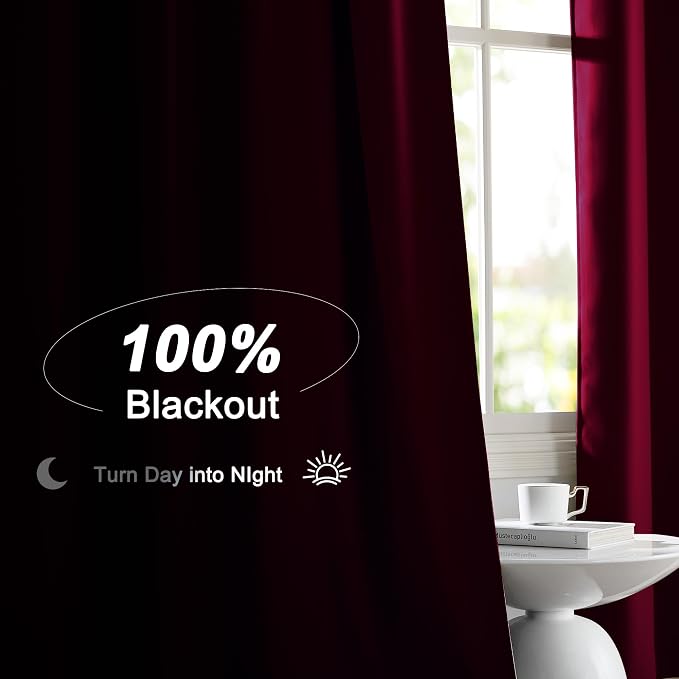NICETOWN Wine Red 100% Blackout Curtain Panels, Rod Pocket Window Curtains with Black Liner for Nursery, 52 inches Wide Each Panel, 84 inches Drop Cold and Full Light Blocking Draperies (2 Pieces)