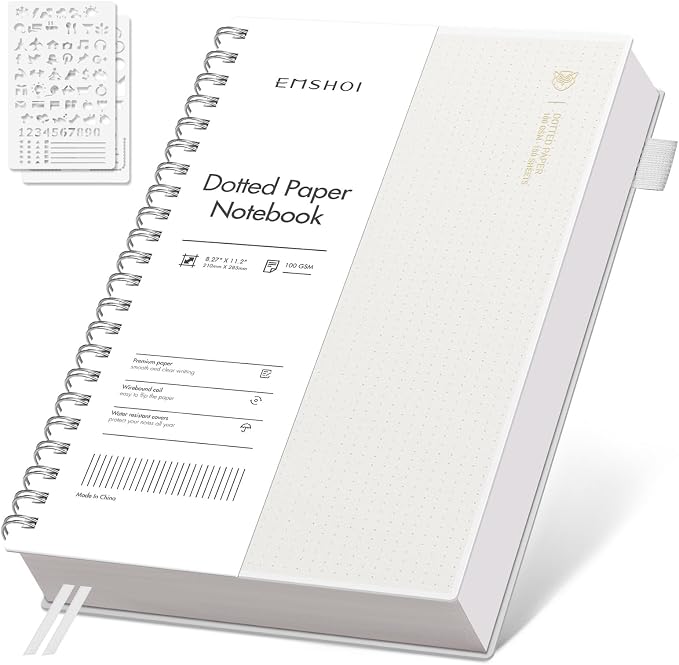 EMSHOI A4 Spiral Notebook Dotted Journal, Dotted Grid Notebook with 300 Pages, 100gsm Thick Paper, Waterproof Softcover Notebook for School Work Writing, 8.27" × 11.2" - Transparent