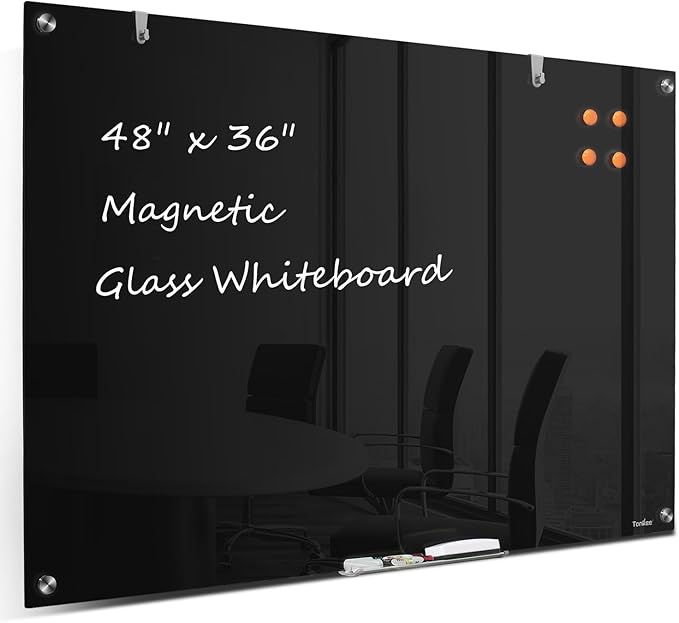 Glass Dry Erase Board, TANKEE 48 x 36 Inches Magnetic Glass Whiteboard for Wall, Black Large White Board for Office School Home Classroom, Wall Mounted