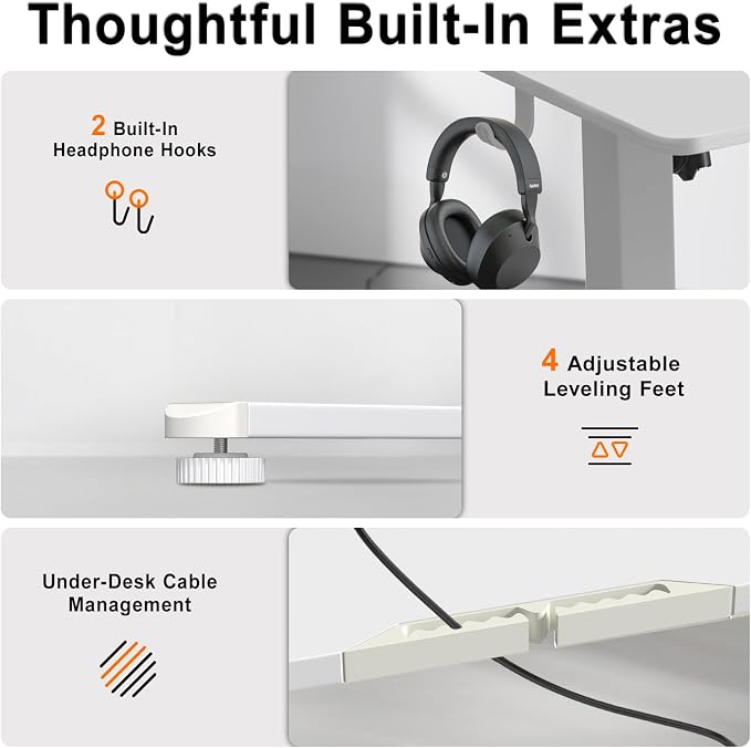 Electric Height Adjustable Desk, 40x24 Inches Standing Desk with 3 Memory Presets & Child Lock, Quiet Motor, Industrial Steel Frame, for Clean Computer Workstation or Editing Desk,White