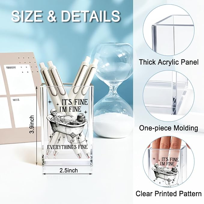 It's Fine I'm Fine Everything Acrylic Pencil Holder Cup for Coworker | Makeup Brush Holder, Funny Bathtub Skull Pen Holder Gifts For Friend Nurse, Office Gifts for Women Men, Pencil Cup for Desk