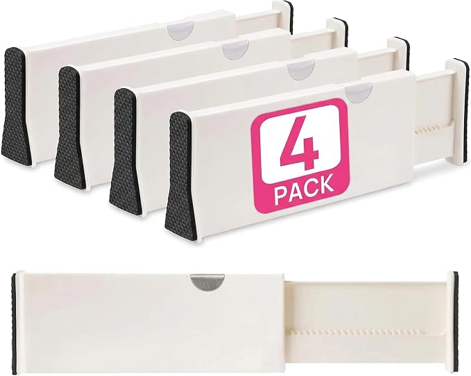 4 Adjustable Drawer Dividers, Organize Silverware and Utensils in Home Kitchen, Divider for Clothes in Bedroom Dresser, Designed to Not Snag Underwear and Bra Fabrics, Bathroom Storage Organizers