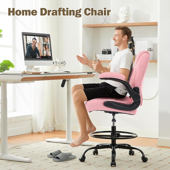 Ergonomic Drafting Chair,Tall Office Chair for Standing Desk with Flip-Up Armrests,Adjustable Foot Ring & Height, High Leather Executive Office Chair for Home,Drawing or Counter Height Use