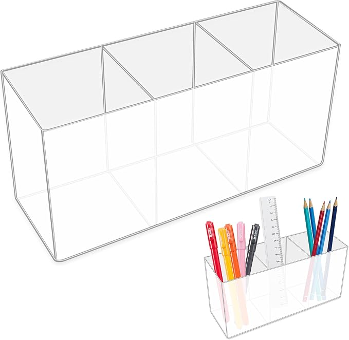 Acrylic Pen Holder,3 Compartments Pencil Cup Stationery Organizer,DIY Pen Holder for Desk,Makeup Brush Holder for Home, Office, Classroom, Bathroom