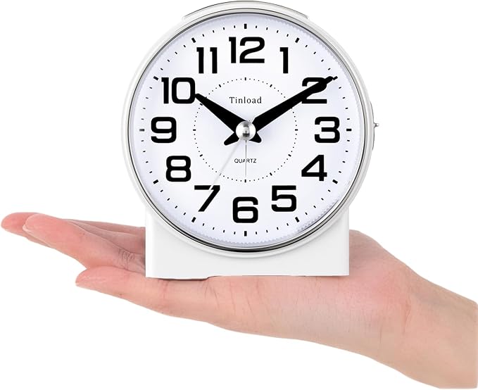 Tinload 4.3" No Ticking Analog Alarm Clock,Silent Readable for Seniors,Easy to Set,Gradual Rise Alarm,Big Numbers,On/Off Switch on Side,Gentle Wake,Snooze,Lighted on Demand,Battery Operated,White