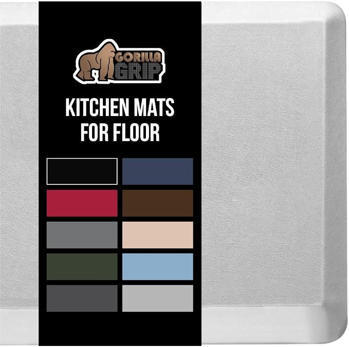 GORILLA GRIP Comfortable Cushioned Kitchen Mats for Floor, 48x20, Waterproof and Stain Resistant Soft Top, 3/4 Inch Thick Ergonomic Standing Desk Anti Fatigue Mat, Foam Supports Feet, Silver